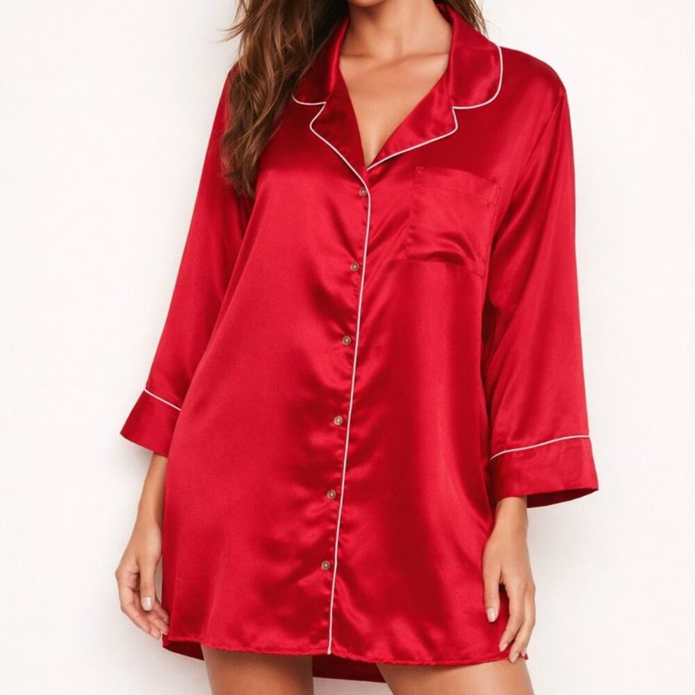Natori Private Luxuries Large L Red Satin Silky PJ Pajama Night Sleep Shirt